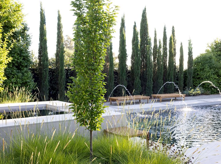 Pool with fountains and trees